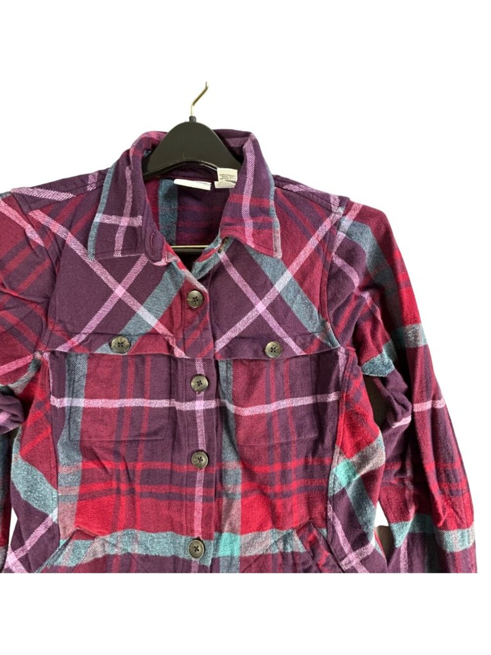 The Vermont Country Store Women's Plaid Button Shacket M Purple Red Cozy Cotton